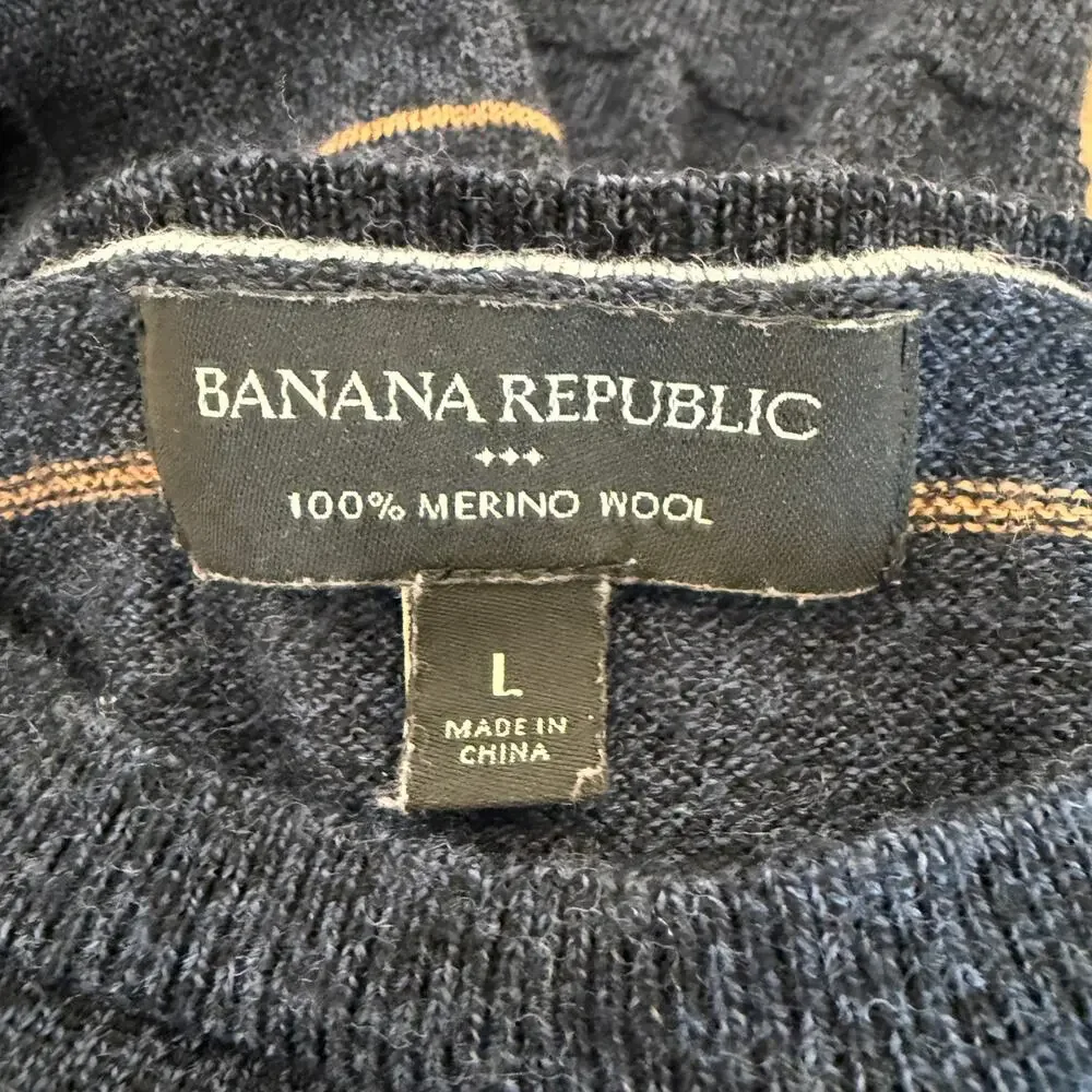 Banana Republic Merino Wool Sweater Men Large Blue Striped Crewneck Coastal Prep